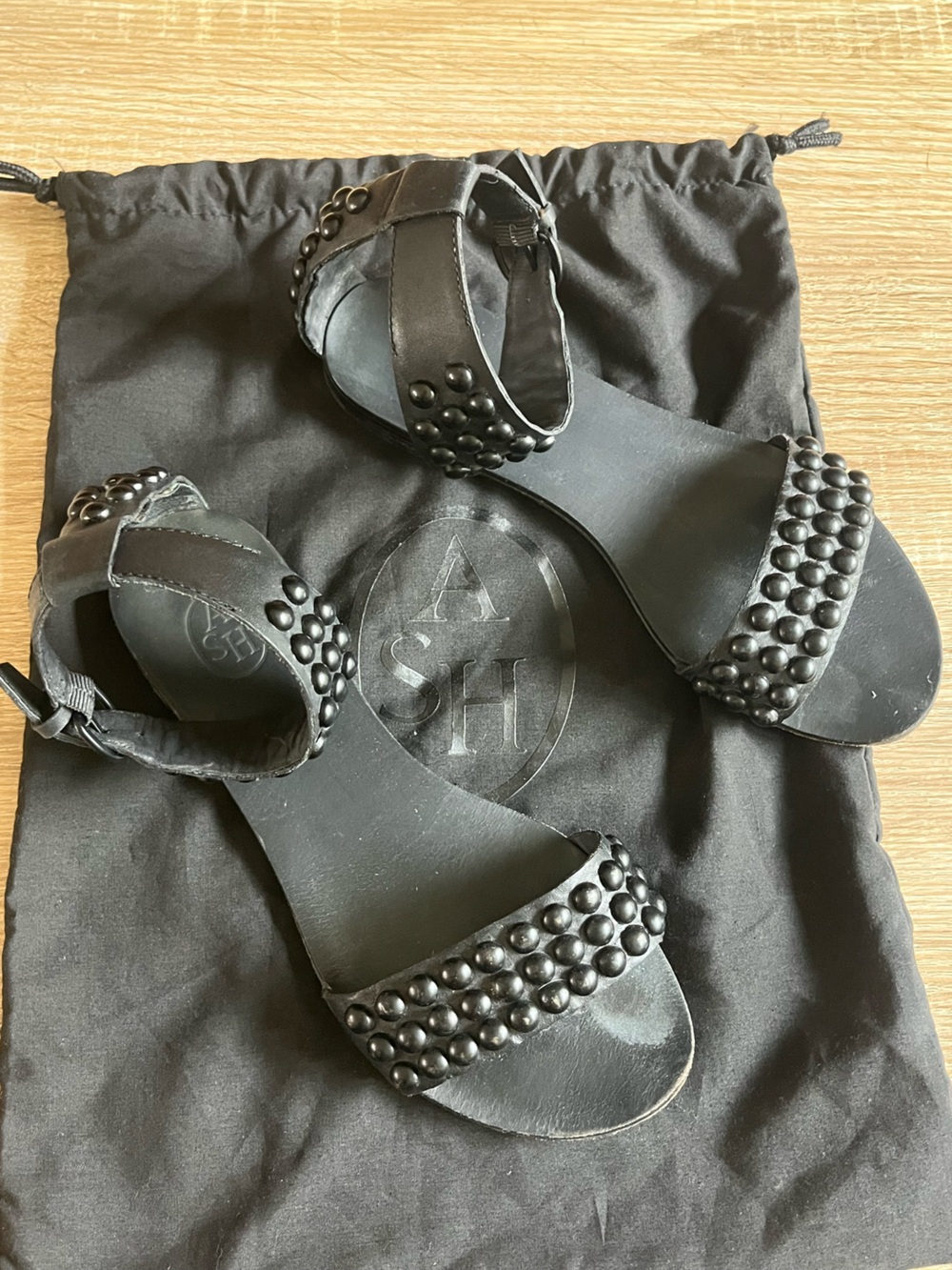 ASH Black Studded Open-Toe Ankle-Strap Sandals 100% leather includes dust bag